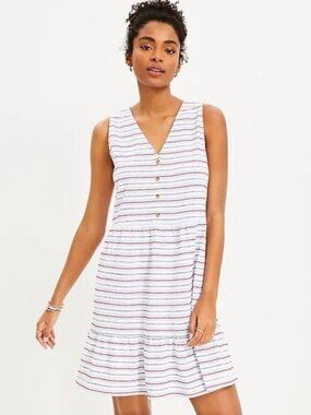 Loft Outlet | Black White Dotted Stripe Button V-Neck Swing Dress | Size Medium